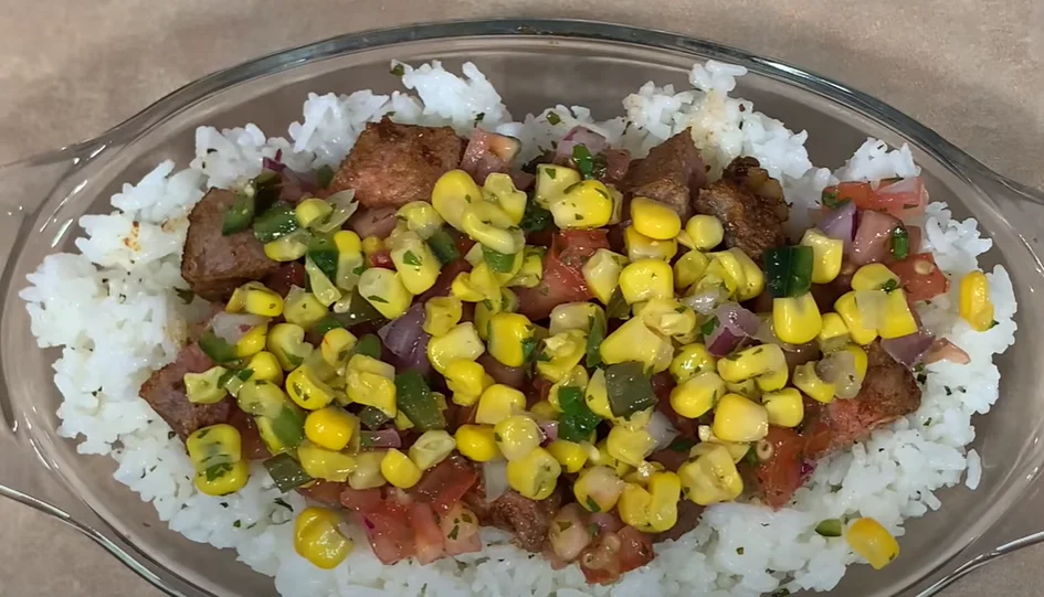 Assembling all ingredients for steak bowl